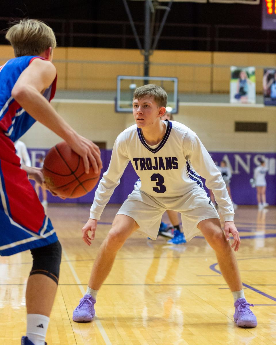 Southeast of Saline's Drake Augustine (3) focuses defensively in the Trojans' 53-31 home victory over Republic County on Tuesday. 