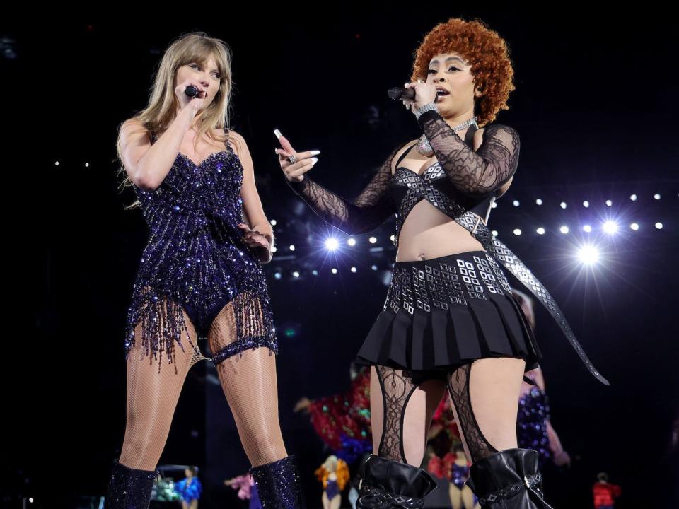 Taylor Swift and Ice Spice perform onstage during "Taylor Swift | The Eras Tour" at MetLife Stadium on May 26, 2023 in East Rutherford, New Jersey.