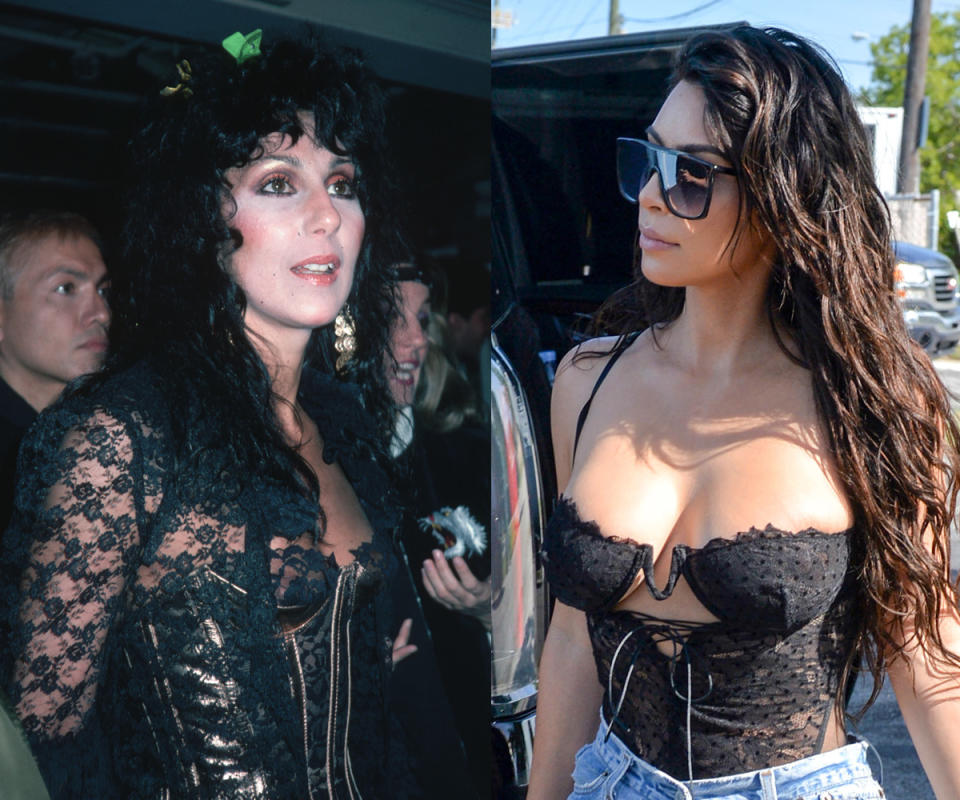 Lace bustiers with a head full of waves give a glam day-to-night look, as both Cher and West prove