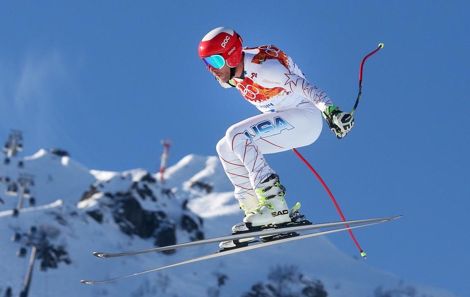 United States' Bode Miller makes a jump during men's downhill combined training at the Sochi 2014 Winter Olympics, Thursday, Feb. 13, 2014, in Krasnaya Polyana, Russia. (AP Photo/Luca Bruno)