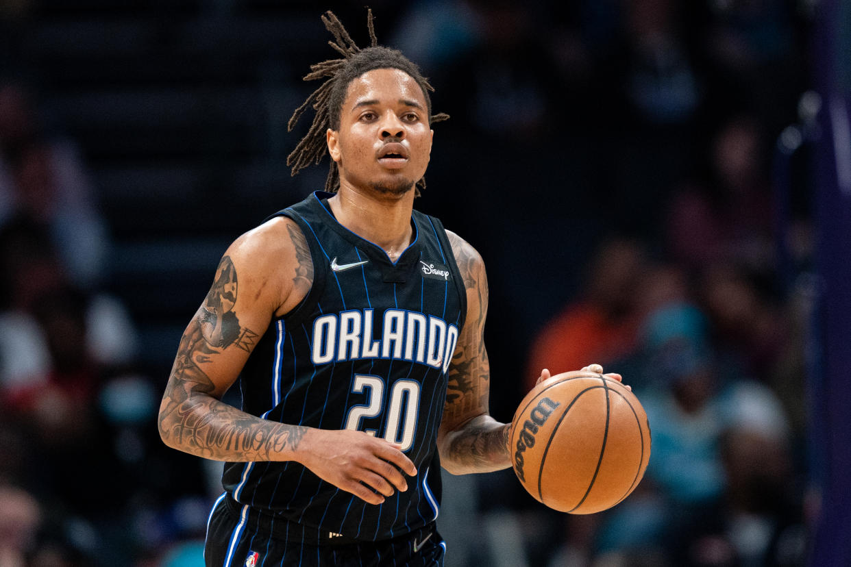 CHARLOTTE, NORTH CAROLINA - APRIL 07: Markelle Fultz #20 of the Orlando Magic brings the ball up court against the Charlotte Hornets in the second quarter during their game at Spectrum Center on April 07, 2022 in Charlotte, North Carolina. NOTE TO USER: User expressly acknowledges and agrees that, by downloading and or using this photograph, User is consenting to the terms and conditions of the Getty Images License Agreement. (Photo by Jacob Kupferman/Getty Images)