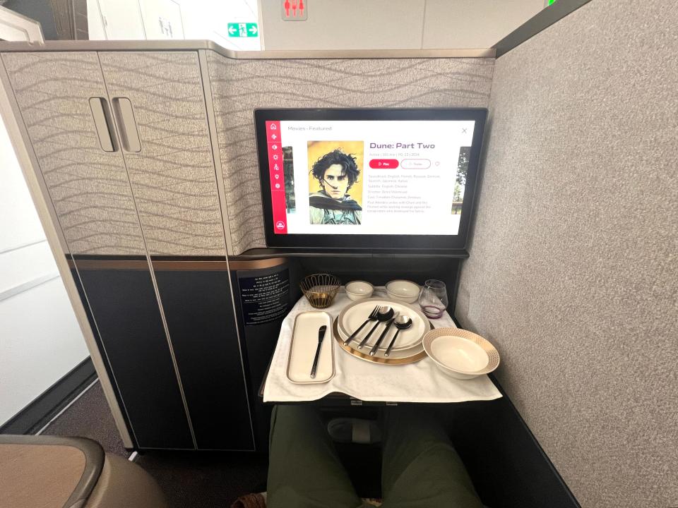 "Dune:  Part Two" is displayed on the in-flight entertainment monitor in a business-class suite on board an Air India Airbus A350 at the 2024 Farnborough Airshow.