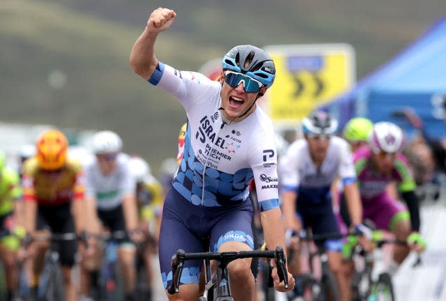 Corbin Strong celebrates Tour of Britain stage one victory