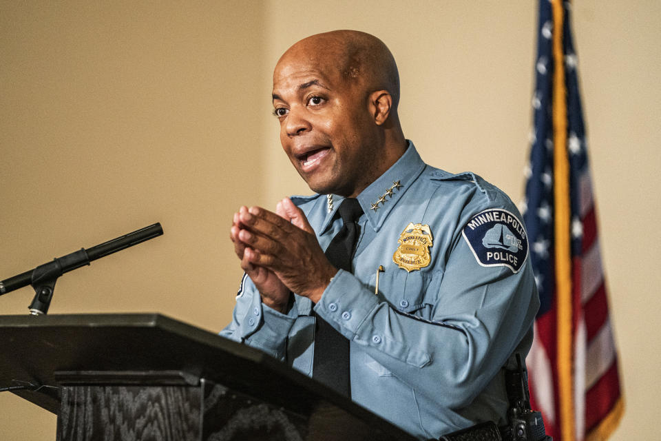 FILE - In this June 10, 2020 file photo, Minneapolis Police Department Chief of Police Medaria Arradondo, speaks in Minneapolis. Talk of changing the Minneapolis Police Department is everywhere in the wake of George Floyd's death in an encounter with four officers. But real change may depend on confronting the powerful police union that has resisted similar attempts for years. Local politicians and police leaders have long blamed an entrenched culture in the department and the union. (Richard Tsong-Taatarii/Star Tribune via AP File)