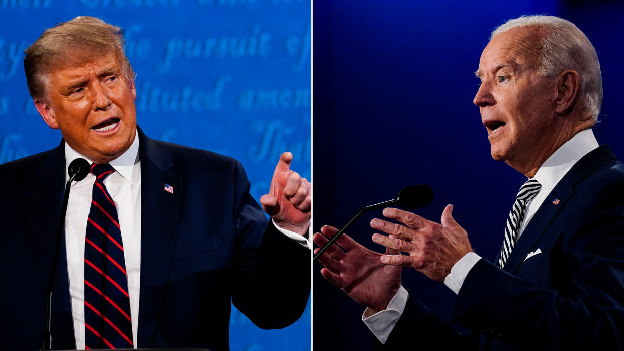 CLEVELAND, OH - SEPTEMBER 29: President Donald Trump speaks during the first presidential debate with former Vice President Joe Biden at Case Western Reserve University in Cleveland, Ohio on Tuesday, Sept. 29, 2020. (Photo by Melina Mara/The Washington Post via Getty Images)  CLEVELAND, OH - SEPTEMBER 29: Former Vice President Joe Biden speaks during the first presidential debate with President Donald Trump at Case Western Reserve University in Cleveland, Ohio on Tuesday, Sept. 29, 2020. (Photo by Melina Mara/The Washington Post via Getty Images)