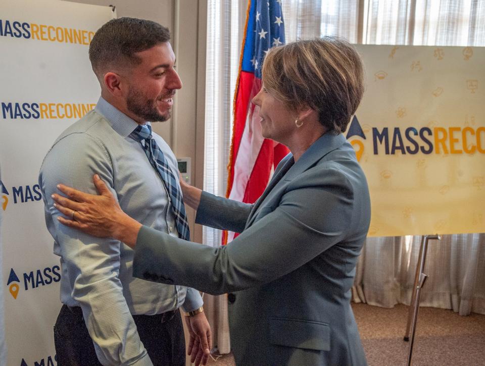 Nick Lekas, of Framingham, who will take part in MassReconnect, the state program to provide free community college for Massachusetts residents aged 25 and older, with Gov. Maura Healey. Both spoke at the Mass Bay Community College Wellesley campus press conference Aug. 24, 2023.