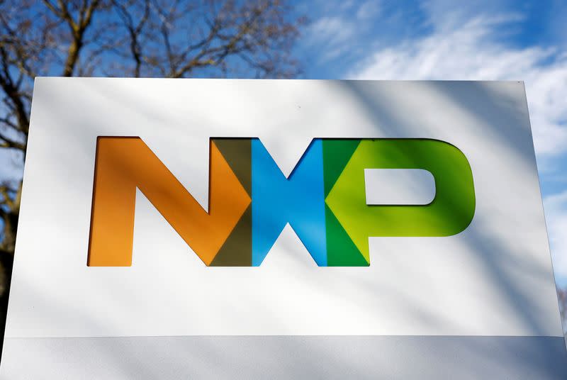 FILE PHOTO: A view shows a logo at NXP semiconductors computer chip fabrication plant in Nijmegen