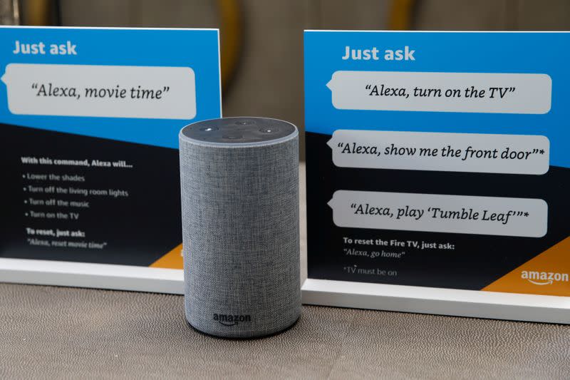 FILE PHOTO: Prompts on how to use Amazon's Alexa personal assistant are seen in an Amazon ‘experience centre’ in Vallejo