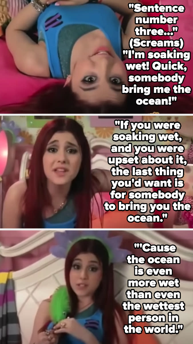 Ariana Grande as Cat Valentine upside down with text bubbles quoting humorous lines from "Victorious."