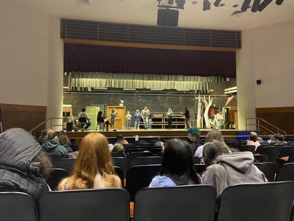 Students at Colonie Central High School in Albany, New York, rehearse for an upcoming spring musical.