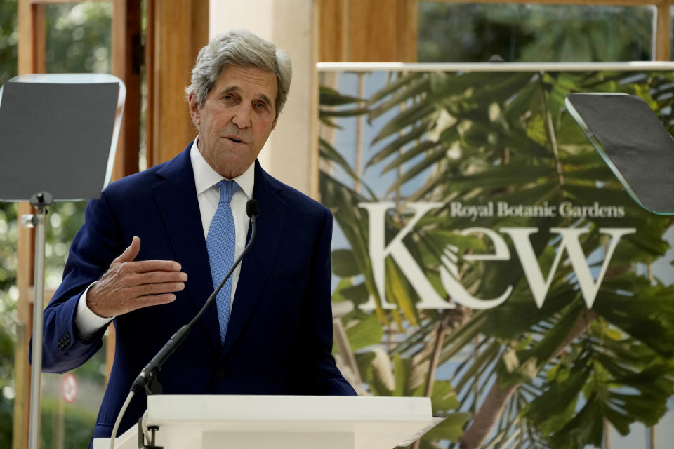 <p>U.S. Special Presidential Envoy for Climate John Kerry delivers a policy speech in the Nash Conservatory at the Royal Botanic Gardens, Kew, in west, London, Tuesday, July 20, 2021.  Kerry has called on China to join America in urgently cutting greenhouse gas emissions and described the international alliances that rebuilt Europe after World War II as a model for fighting climate change. Kerry challenged global leaderson Tuesday  to accelerate the actions needed to curb rising temperatures and pull the world back from the edge of the abyss.  (AP Photo/Matt Dunham)</p>
