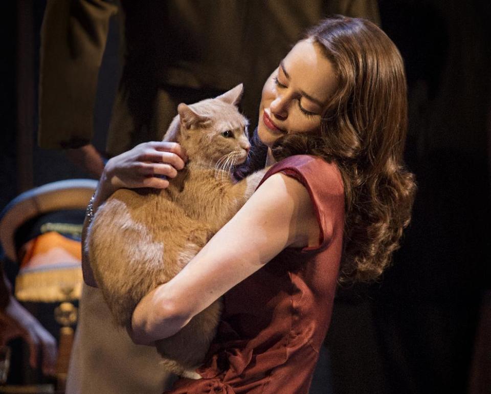 This theater image released by The O+M Company shows Emilia Clarke in a scene from "Breakfast at Tiffany's," performing at the Cort Theatre in New York. (AP Photo/The O+M Company, Nathan Johnson Photography)