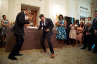 <p>“‘Show us the Jeremy dance,’ the President said to departing Social Secretary Jeremy Bernard, during a farewell ceremony for Jeremy in the State Dining Room of the White House on may 18, 2015.” (Pete Souza/The White House) </p>