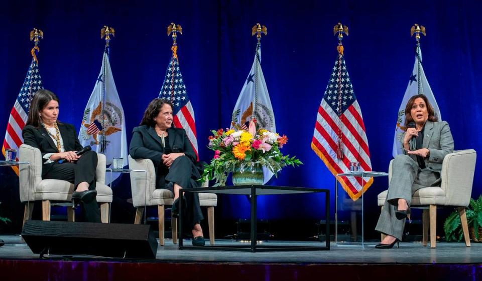 Vice President Kamala Harris speaks during a panel discussion on small businesses with Isabella Casillas Guzman, and Vicky Garcia in the Fletcher Theatre at the Duke Energy Performing Arts Center on Monday, January 30, 2023 in Raleigh, N.C.