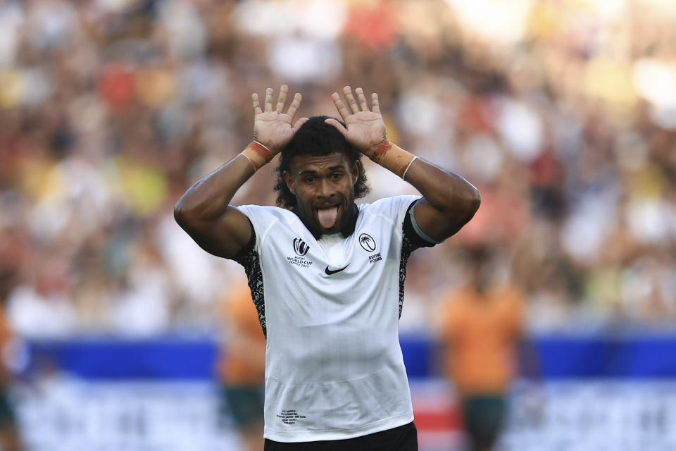 Fiji's Simione Kuruvoli reacts during the Rugby World Cup Pool C match between Australia and Fiji at the Stade Geoffroy Guichard in Saint-Etienne, France, Sunday, Sept. 17, 2023. (AP Photo/Aurelien Morissard)