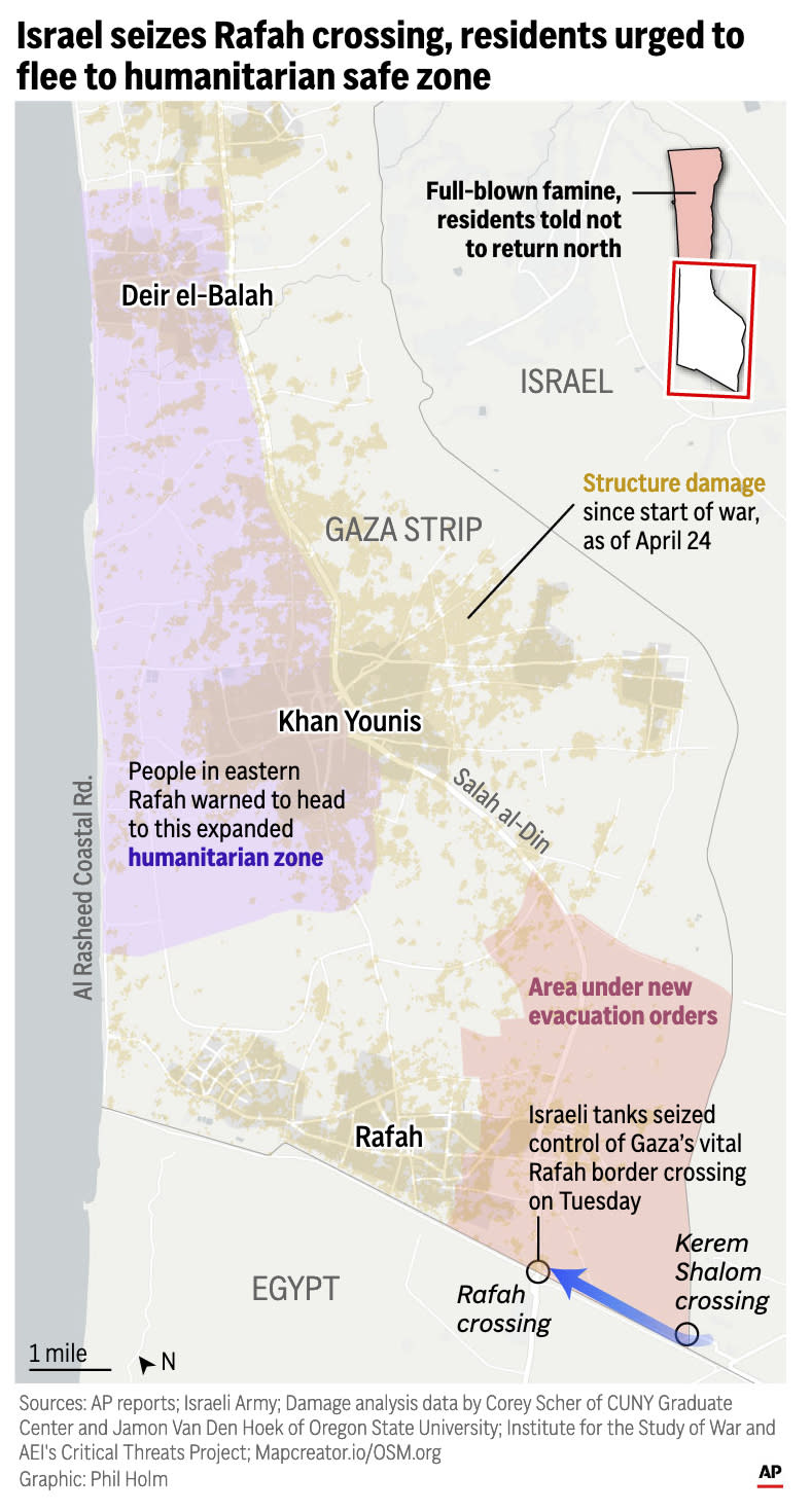 People in eastern Rafah have been told by Israel's military to move to a humanitarian safe zone on the coast to the northwest as Israel seizes the Rafah crossing. (AP Digital Embed)