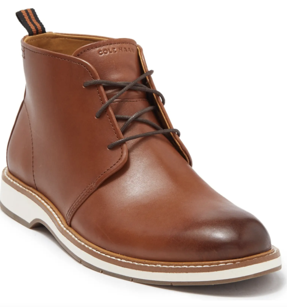 brown leather Cole Haan Morris Chukka Boots with white sole