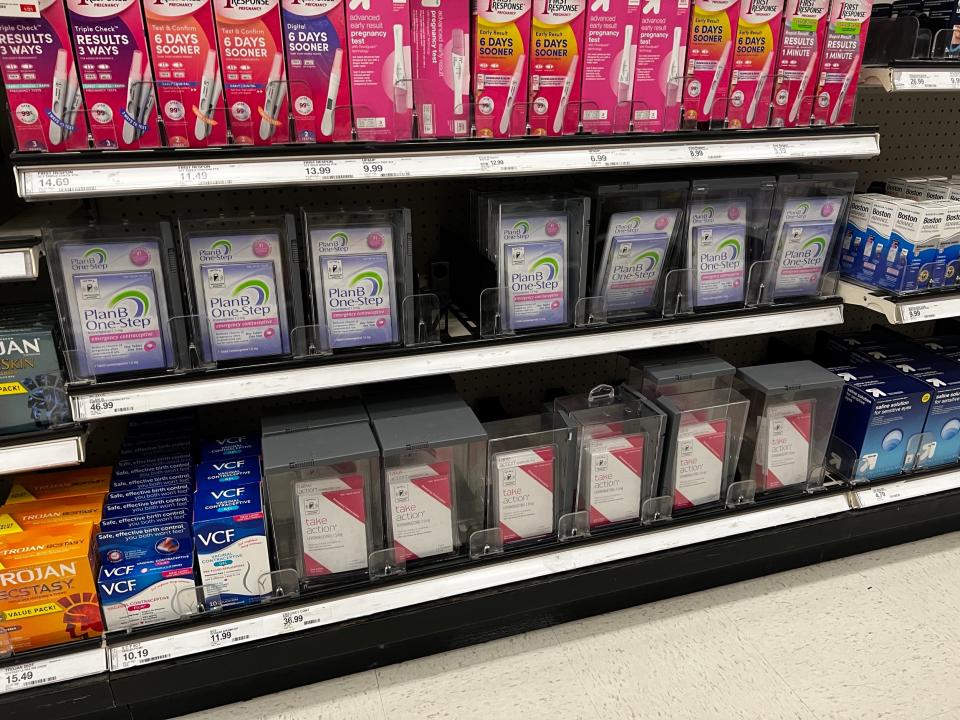 Plan B emergency contraceptive pills in security boxes at Target.