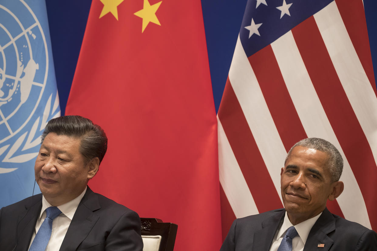 El líder chino, Xi Jinping, y el presidente Barack Obama durante el anuncio de que sus países firmarían el Acuerdo de París sobre el clima durante la cumbre del G20 en Hangzhou, China, en 2016. (Stephen Crowley/The New York Times)