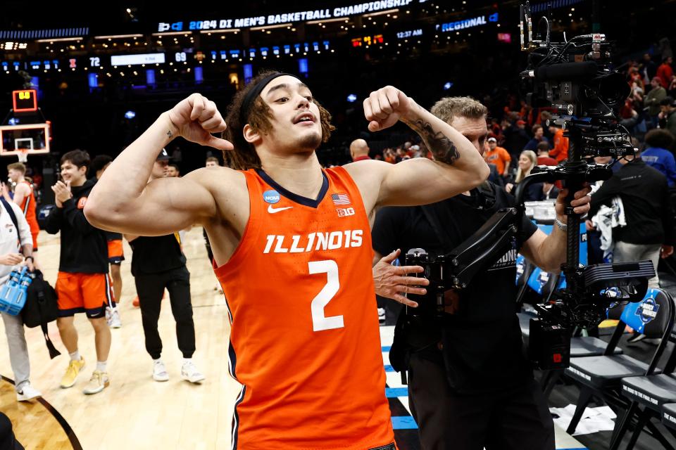 Mar 28, 2024; Boston, MA, USA; Illinois Fighting Illini guard Dra Gibbs-Lawhorn (2) reacts after defeating Iowa State Cyclones in the semifinals of the East Regional of the 2024 NCAA Tournament at TD Garden. Mandatory Credit: Winslow Townson-USA TODAY Sports