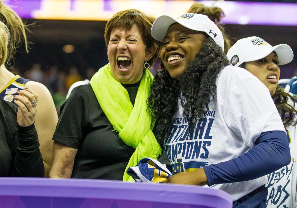 Notre Dame head coach Muffet McGraw and Notre Dame’s Arike Ogunbowale celebrate after the Notre Dame vs. Mississippi State NCAA Women’s Tournament National Championship game Sunday, April 1, inside Nationwide Arena in Columbus, Ohio. Tribune Photo/MICHAEL CATERINA