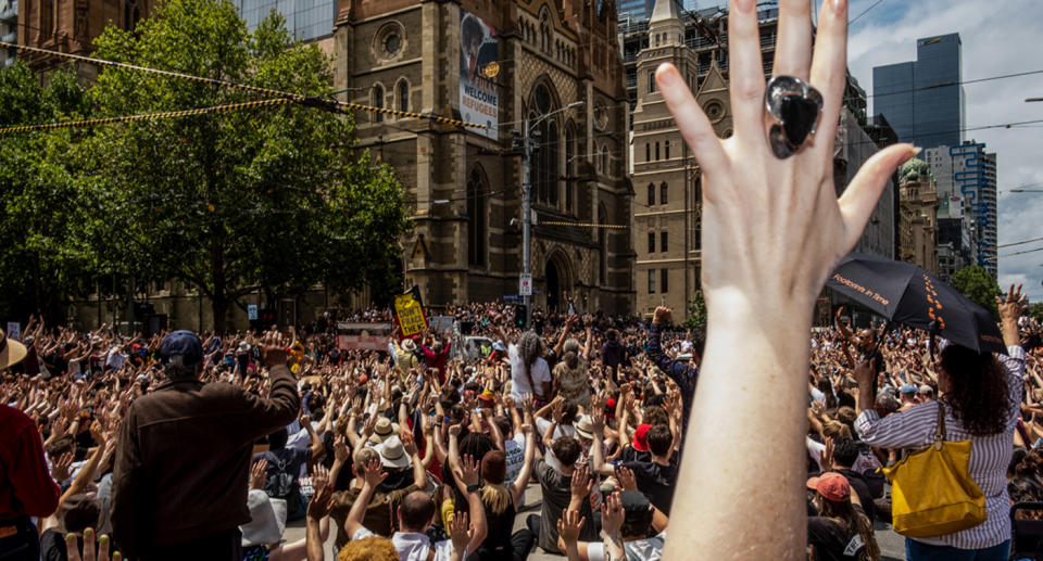 Thousands are expected to gather in Sydney and Melbourne. Australia Day protest in Melbourne 2020 pictured. Source: AAP