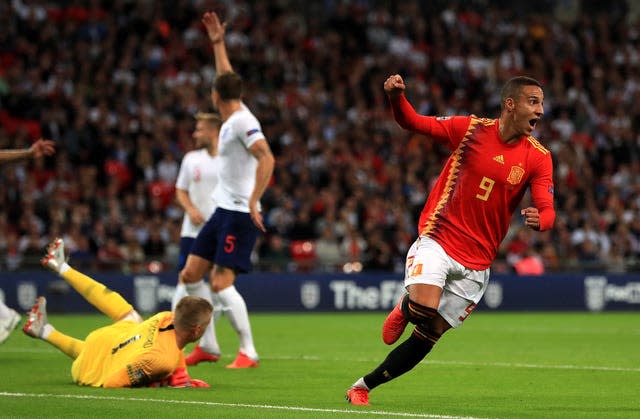 Spain forward Rodrigo scores against England