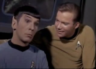 Captain Kirk with his arm around Mr. Spock in "Star Trek"