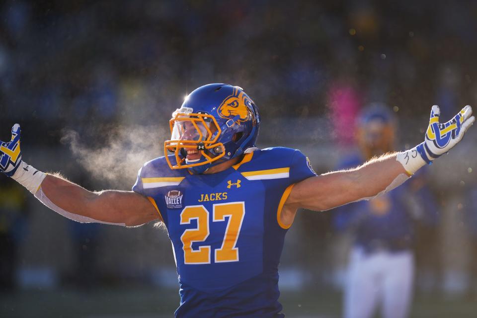 SDSU's Brandon Snyder celebrates in the end zone during the game against USD Saturday, Nov. 17, at Dana Dykhouse Stadium stadium in Brookings.