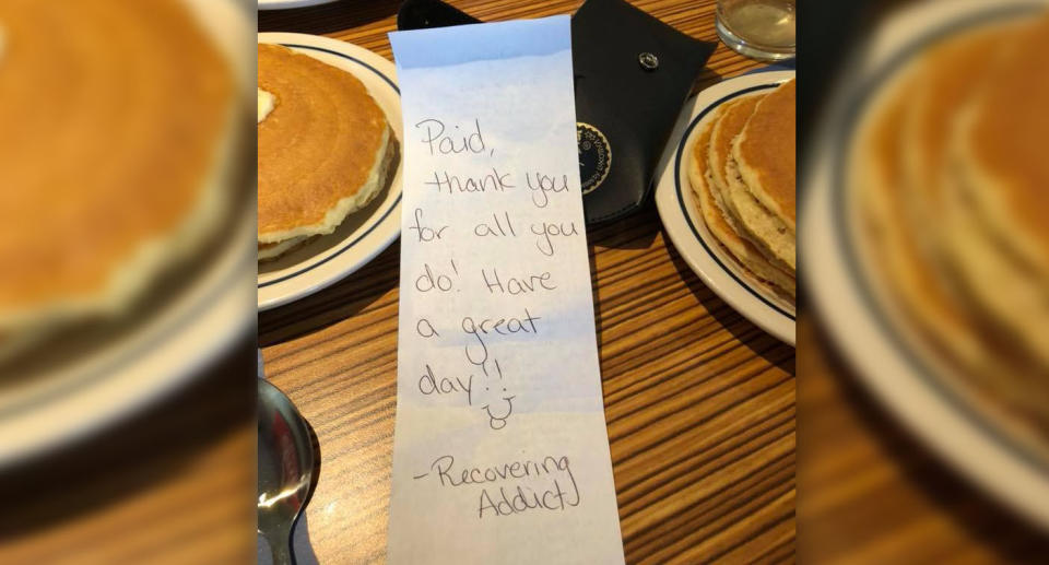 The waiter said a woman asked her to hand this note to the paramedics. Source: Facebook/Toms River First Aid Squad