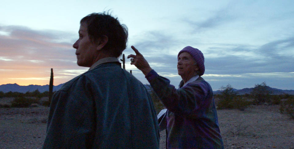 Frances McDormand, left, and Swankie appear in a scene from "Nomadland." (Searchlight Pictures via AP)