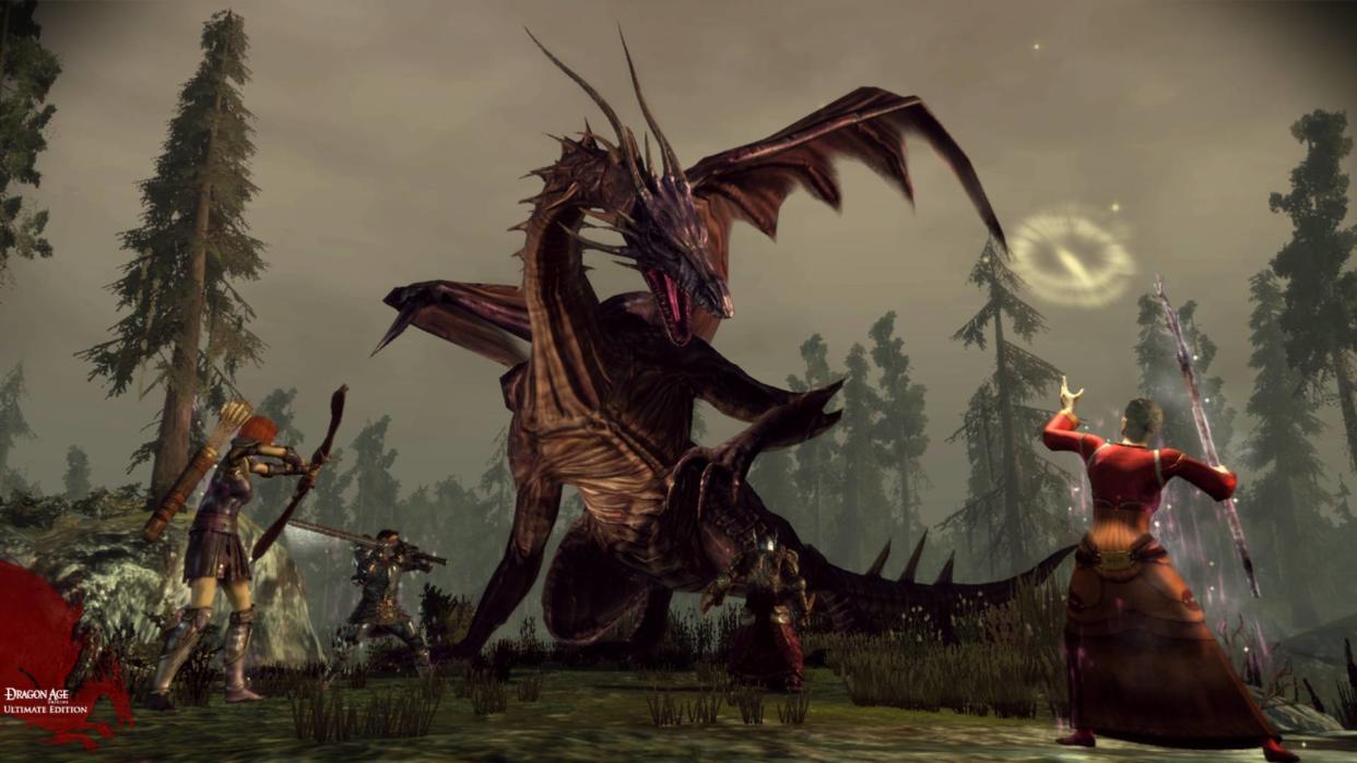  Characters attacking a dragon in Dragon Age: Origins - Ultimate Edition. 