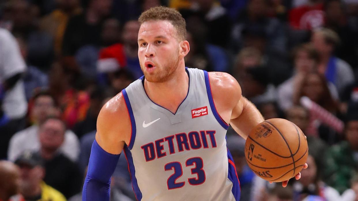 DETROIT, MICHIGAN - DECEMBER 23: Blake Griffin #23 of the Detroit Pistons plays against the Philadelphia 76ers at Little Caesars Arena on December 23, 2019 in Detroit, Michigan.