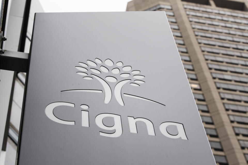 FILE- This Nov. 26, 2018, file photo shows the Cigna Corp., logo at the headquarters of the health insurer in Philadelphia. Cigna Corp. reports financial results Thursday, Aug. 1. (AP Photo/Matt Rourke, File)