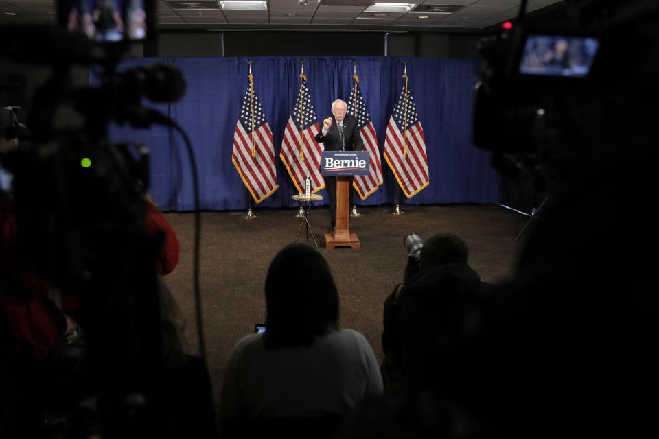 Democratic presidential candidate, Sen. Bernie Sanders, I-Vt., speaks to reporters on Wednesday, March 11, 2020, in Burlington, Vt. (AP Photo/Charles Krupa)