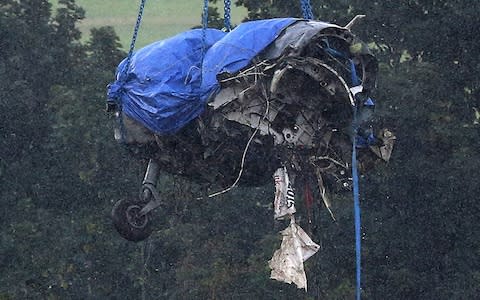 The damaged remains of the fuselage of a Hawker Hunter fighter jet  - Credit:  Peter Macdiarmid/getty