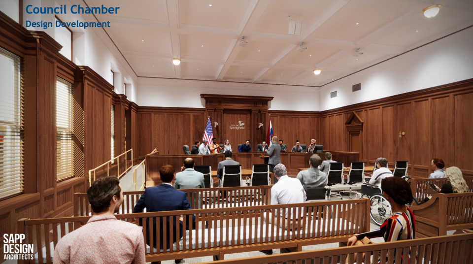 A rendering of the preliminary design of the Springfield City Council chambers at the rehabilitated Historic City Hall. The changes will include more ADA accessible seating and a ramp.