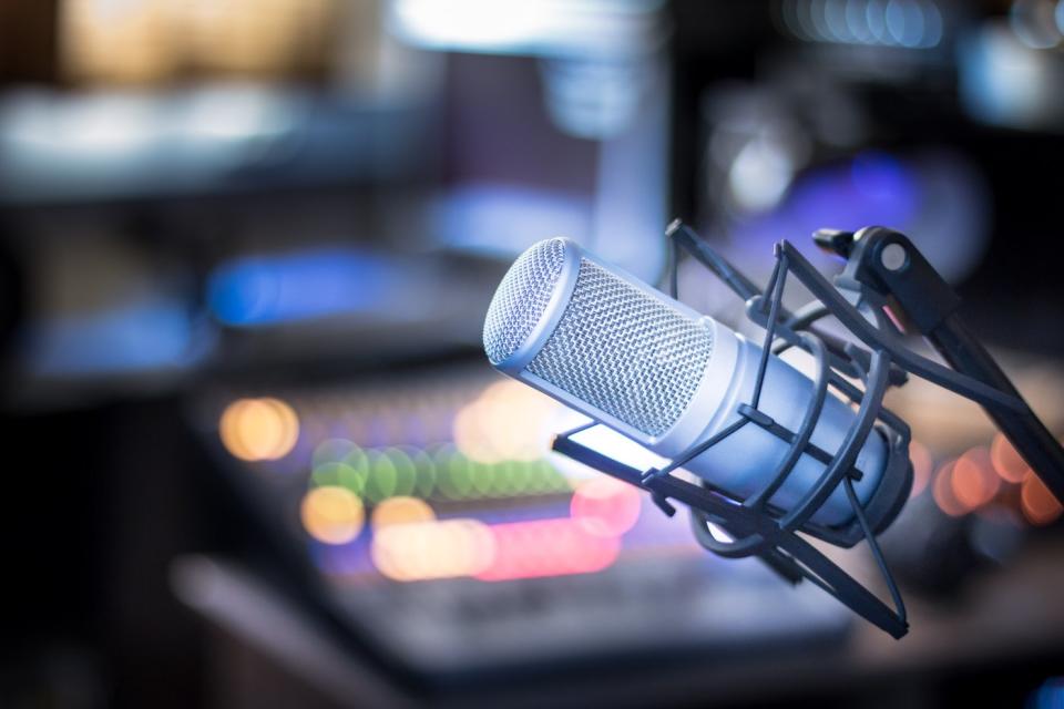 A microphone in a radio studio.