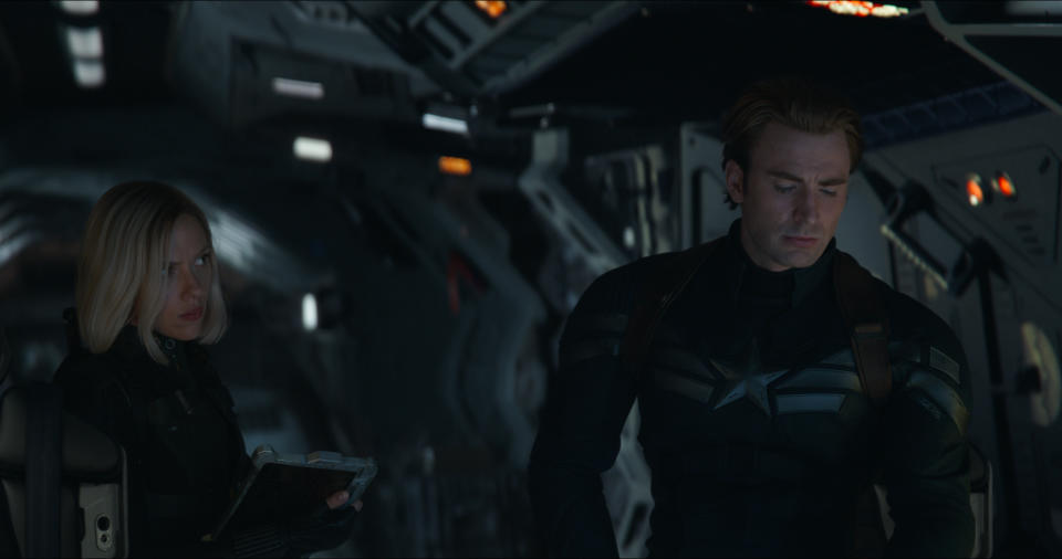 Still from 'Avengers: Endgame' featuring Black Widow/Natasha Romanoff (Scarlett Johansson) and Captain America/Steve Rogers (Chris Evans). | Film Frame—Marvel Studios 2019