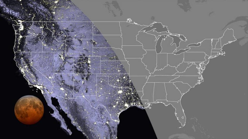 Visibility of the total phase in the contiguous U.S., at 11:11 UTC. Totality can be seen everywhere in the Pacific and Mountain time zones, along with Texas, Oklahoma, western Kansas, Hawaii and Alaska.