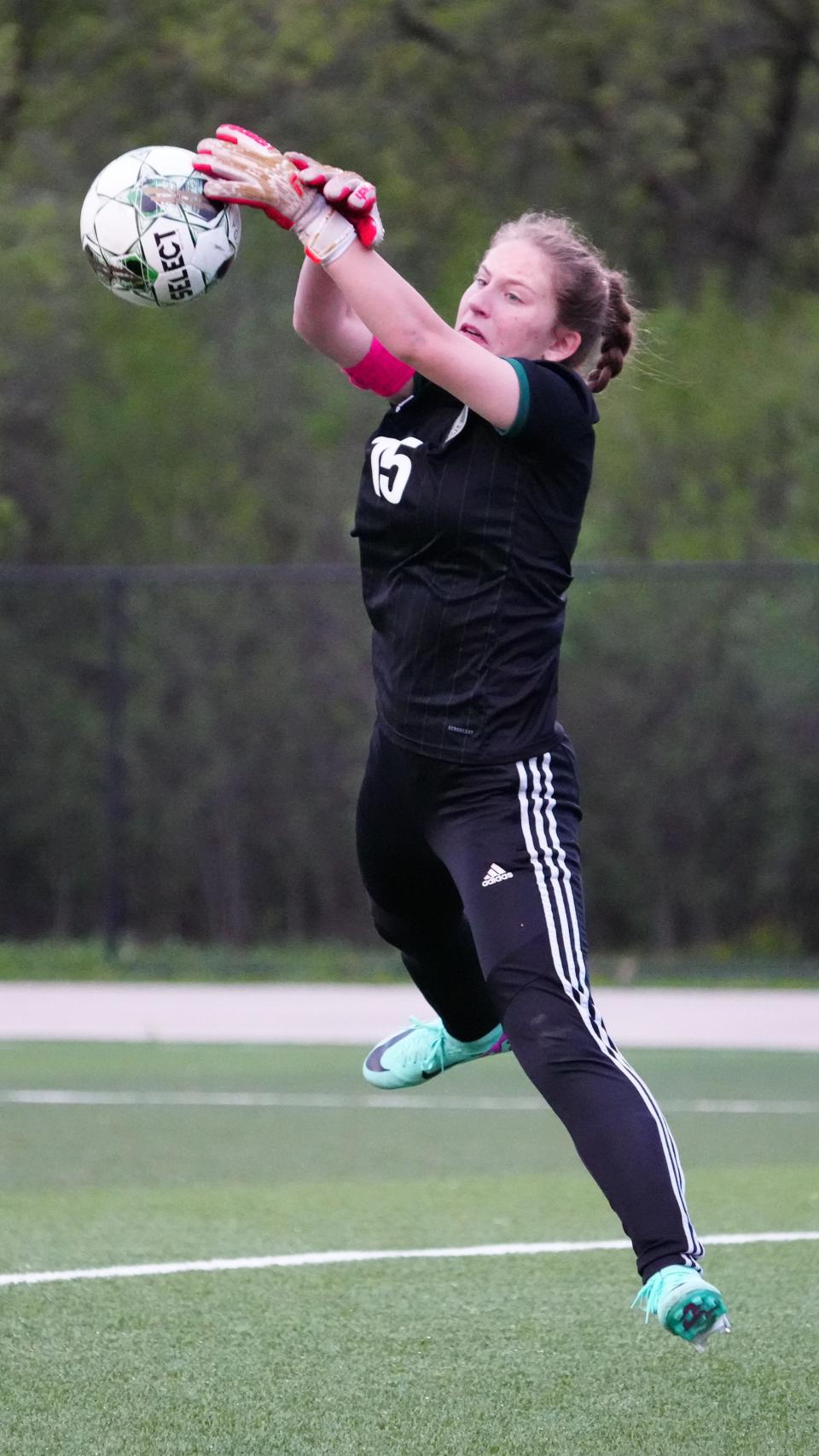 West Allis Hale keeper Bella Royse blocks a shot during the match at home against Wauwatosa West.