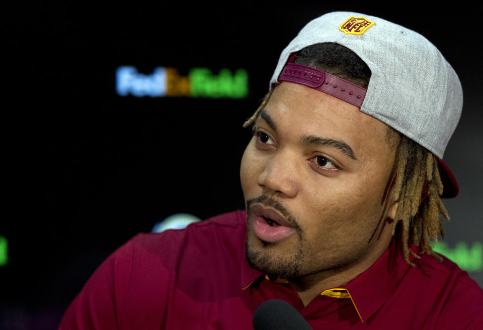 Redskins player Derrius Guice, second round selection of the 2018 NFL Draft speaks at a news conference, during Redskins 2018 Draft Fest, in Landover, Md., Saturday, April 28, 2018. (AP Photo/Jose Luis Magana)