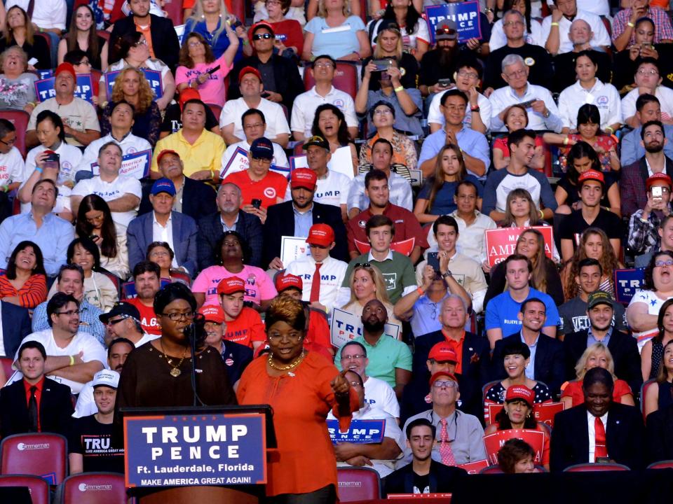 Supporters Diamond and Silk speaks during Donald J. Trump campaign event at the BB&T Center on August 10, 2016 in Fort Lauderdale, Florida.