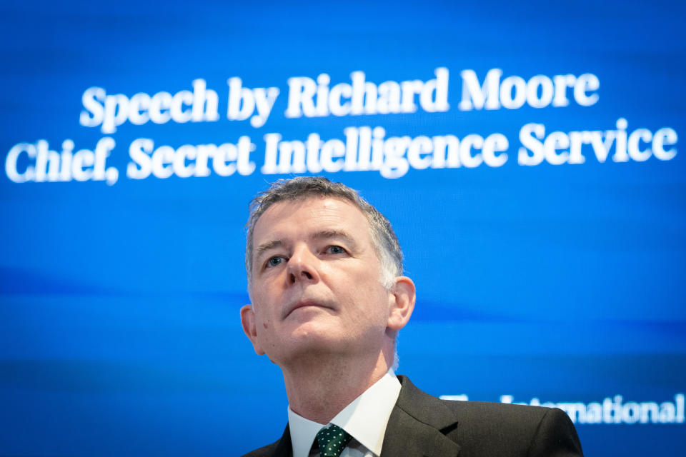 MI6 Chief Richard Moore speaks at the International Institute for Strategic Studies, London, where he said that Britain's intelligence agencies must open up to co-operation with the global tech sector if they are to counter the rising cyber threats from hostile states, criminals and terrorists, November 30, 2021. / Credit: Stefan Rousseau/PA Images/Getty