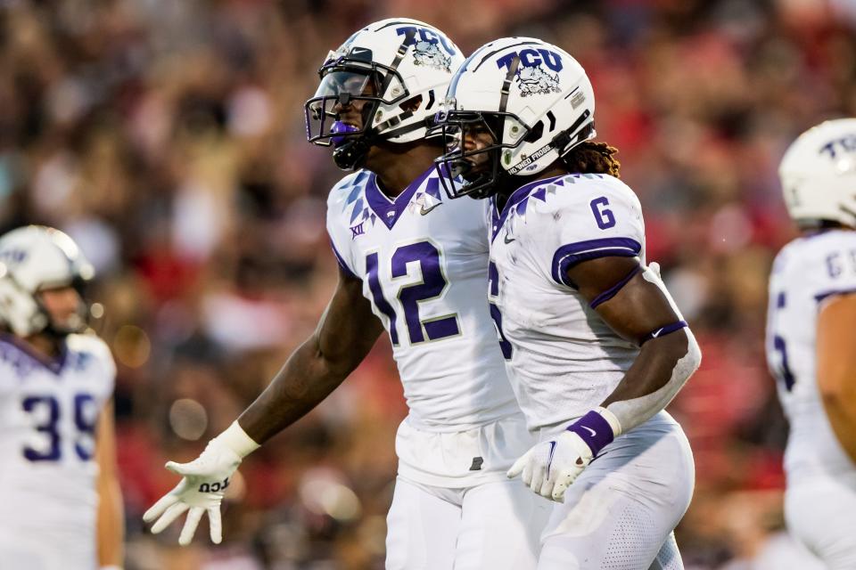 Geor'Quarius Spivey, left, took a back seat last season at TCU but had 11 catches for 121 yards for Mississippi State in 2020.