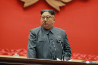 <p>In this Dec. 23, 2017, photo distributed on Dec. 24, 2017, by the North Korean government, North Korean leader Kim Jong Un speaks during the conference of cell chairpersons of the ruling party in Pyongyang. North Korea on Sunday, Dec. 24, called the latest U.N. sanctions to target the country “an act of war” that violates its sovereignty, and said it is a “pipe dream” for the United States to think it will give up its nuclear weapons. Independent journalists were not given access to cover the event depicted in this image distributed by the North Korean government. The content of this image is as provided and cannot be independently verified. Korean language watermark on image as provided by source reads: “KCNA” which is the abbreviation for Korean Central News Agency. (Korean Central News Agency/Korea News Service via AP) </p>