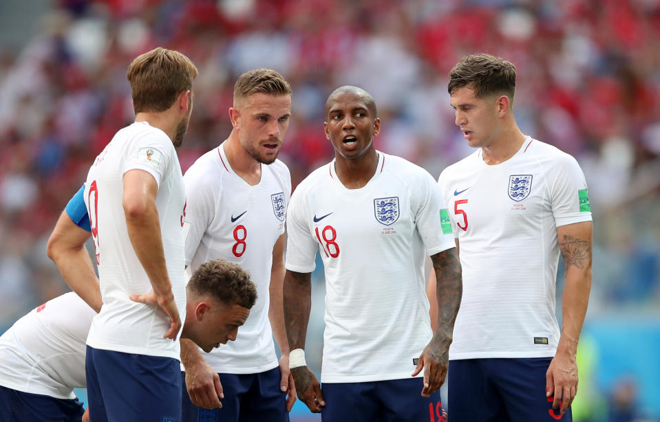 England players huddle before a set play against Panama at the 2018 World Cup. (Getty)