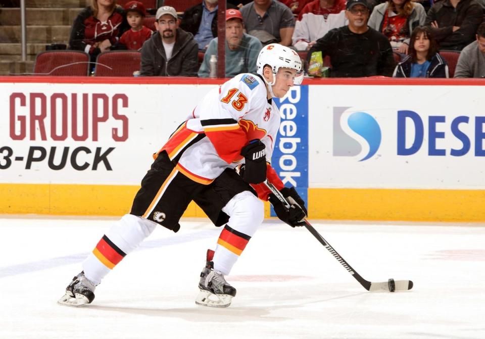 Calgary’s Johnny Gaudreau has never scored a conventional slapshot goal in the NHL. (Photo by Norm Hall/NHLI via Getty Images)