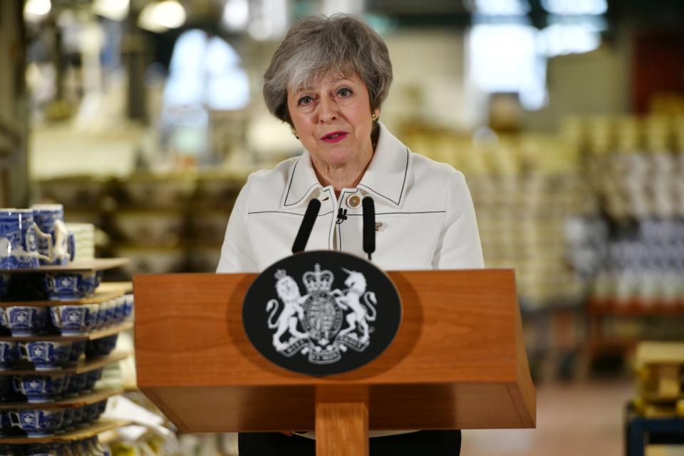 Prime Minister Theresa May delivers a speech during a visit to the Portmeirion factory in Stoke-on-Trent (REUTERS)