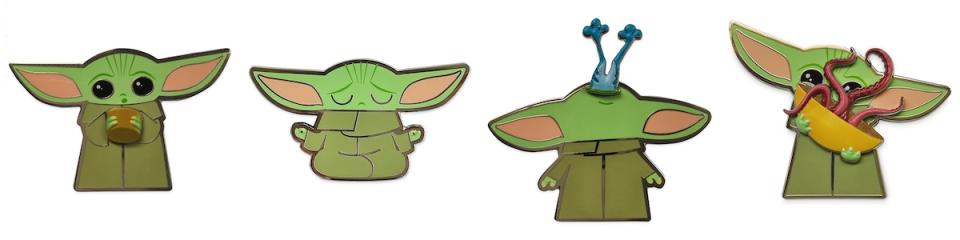 Four different enamel pins of Baby Yoda from Star Wars The Mandalorian